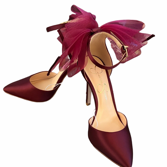 Jessica Simpson Shoes - Jessica Simpson satin burgundy ankle strap 3.5 heel with tulle bow. Size 5.5